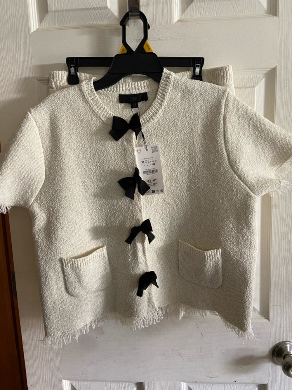 Zara Cream Textured Short Sleeve Cardigan with Black Bows